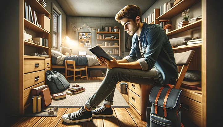 студент читает книгу в общежитии