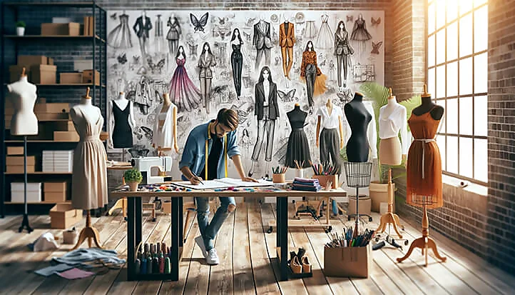 дизайнер создаёт модную коллекцию одежды