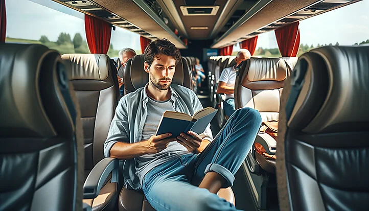 читающий мужчина в автобусе