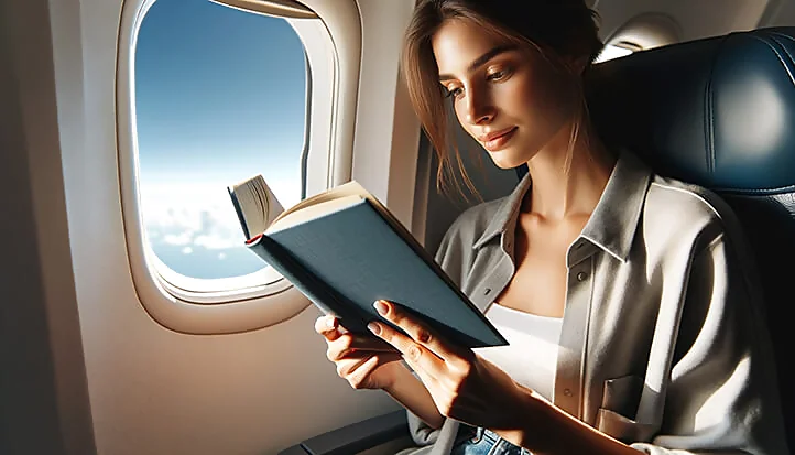 девушка читает книгу в самолёте